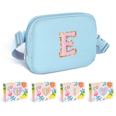 COSHAYSOO Blue Belt Bag Fanny Pack Crossbody Travel Essential Stuff Trendy Birthday Christmas Gifts for 4 5 6 7 8 9 10 11 12 Year Old Little Big Girls Monogrammed Cute Presents Initial Letter E