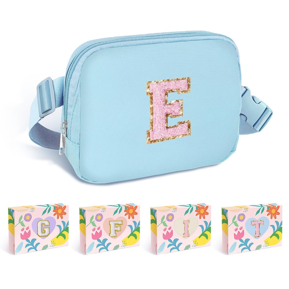 COSHAYSOO Blue Belt Bag Fanny Pack Crossbody Travel Essential Stuff Trendy Birthday Christmas Gifts for 4 5 6 7 8 9 10 11 12 Year Old Little Big Girls Monogrammed Cute Presents Initial Letter E