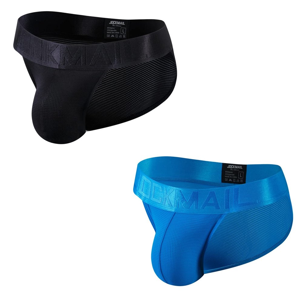 JOCKMAIL 2Pack/PCS Mens Briefs Underwear Breathable Mesh Low Waist Comfort Underwear Briefs Men Underpants (US, Alpha, X-Large, Regular, Regular, Black+Blue)