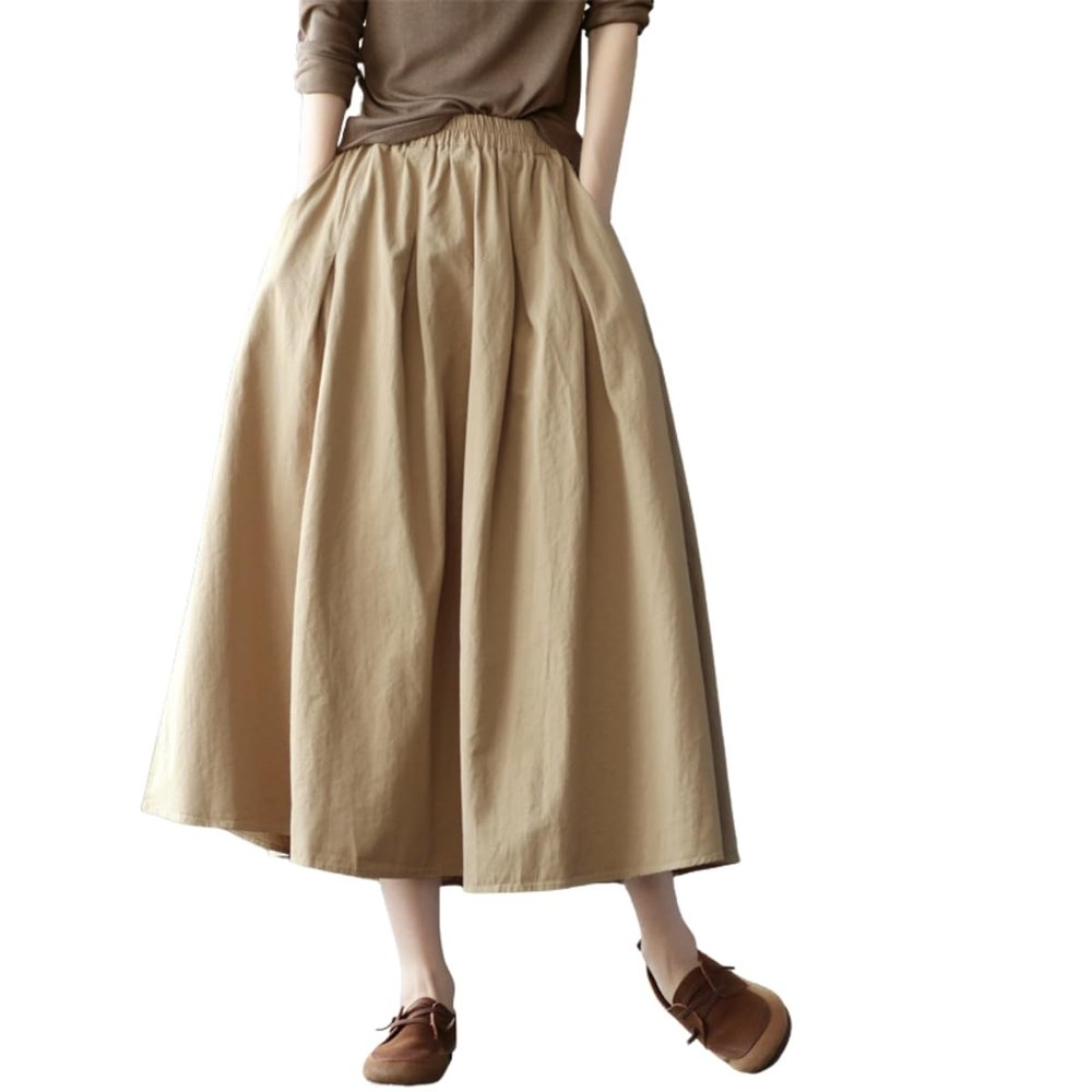 chouyatou Women's Casual Elegant Loose Baggy Elastic High Waist A Line Flare Midi Cotton Skirt (X-Small,Khaki)