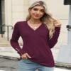 AKEWEI Womens Lightweight Sweaters Long Sleeve Knitted Tops Dressy Casual V Neck Buttons Pullover(Burgundy,XXL) view 4