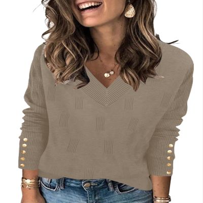 AKEWEI Ladies Sweaters V Neck Long Sleeve Top Knit Buttons Chocolate Brown Fall Clothes Fashion 2025(Khaki,XL)