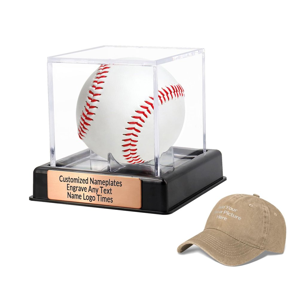 Custom Acrylic Baseball Display Case with Custom Plaque and Custom Baseball Cap Set, Baseball Holder Case with Engraving Plaque, Personalized Cap, Perfect for Keepsakes and Gifts (Pink Gold, Style-2)