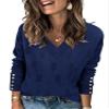 AKEWEI Women's Fall Tops 2026 Trendy V Neck Long Sleeve Shirts Cute Knitted Pullover Sweater(Navy Blue,XL) view 1
