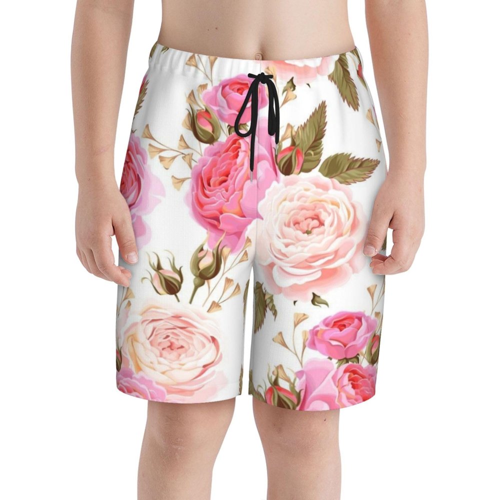 Pink Rose Floral Flower Teens Beach Shorts Running Workout Sports Shorts Summer Casual Shorts for Boys