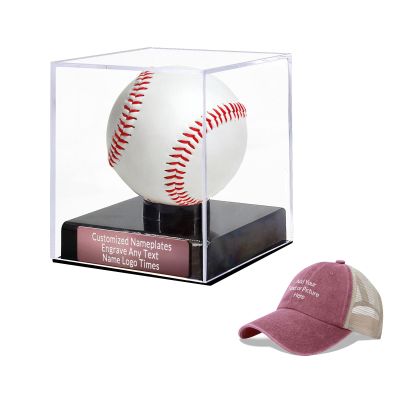 Custom Acrylic Baseball Display Case with Custom Plaque and Custom Baseball Cap Set, Baseball Holder Case with Engraving Plaque, Personalized Cap, Perfect for Keepsakes and Gifts(Coffee Gold, Style-1)