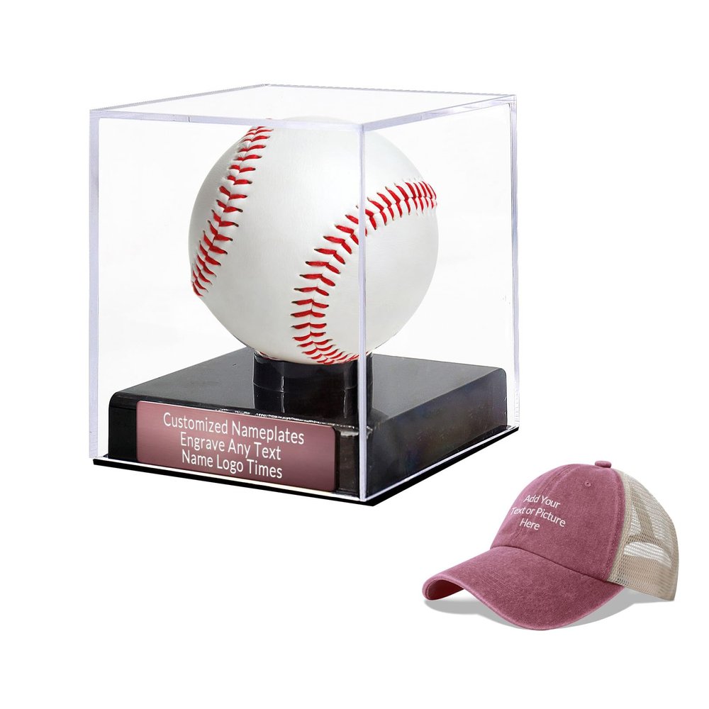 Custom Acrylic Baseball Display Case with Custom Plaque and Custom Baseball Cap Set, Baseball Holder Case with Engraving Plaque, Personalized Cap, Perfect for Keepsakes and Gifts(Coffee Gold, Style-1)
