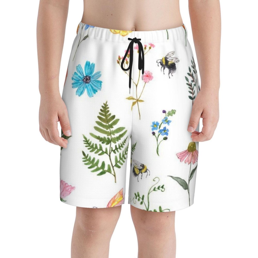 Boho Flower Daisy Bee Teens Beach Shorts Running Workout Sports Shorts Summer Casual Shorts for Boys