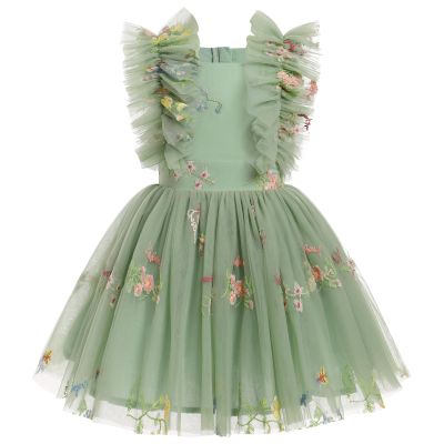 Fairy Dress Toddler, Party Dress for Baby Girl Boho Lace Hippie Flower Puffy Wedding Birthday Dance Evening Gown for Kids Baptism Photography Summer Ruffle Floral Clothes Sage Green 3-4T