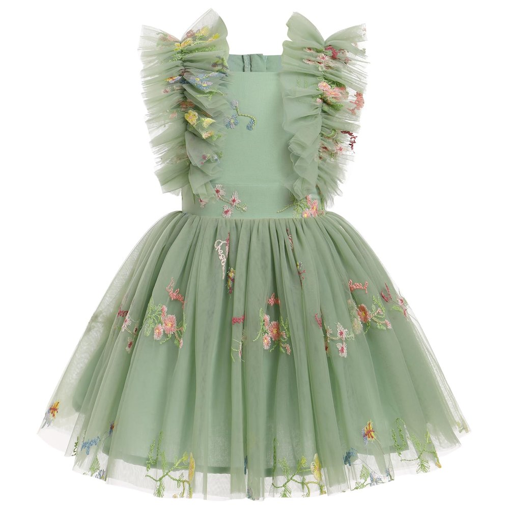 Fairy Dress Toddler, Party Dress for Baby Girl Boho Lace Hippie Flower Puffy Wedding Birthday Dance Evening Gown for Kids Baptism Photography Summer Ruffle Floral Clothes Sage Green 3-4T