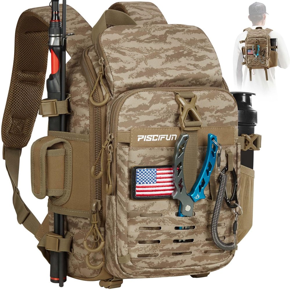 Piscifun Fishing Tackle Backpack with Rod & Gear Holder, Lightweight Outdoor Water-Resistant Fishing Shoulder Storage Bag with Protective Rain Cover, Khaki Camouflage