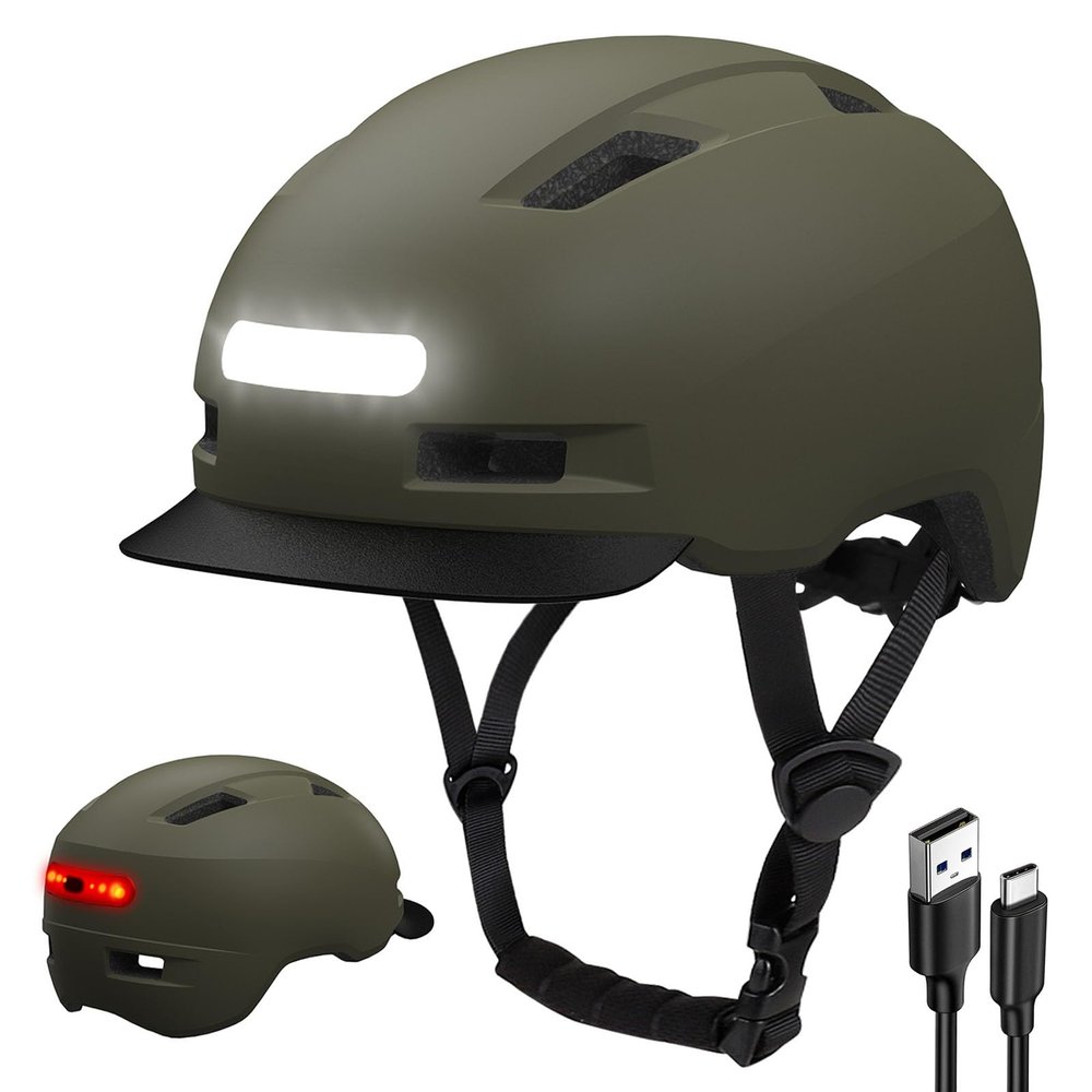 Bike Helmet, Shinmax Adult Cycling Helmet with USB Rechargeable LED Front and Back Light Bicycle Helmets for Men Women (Green, Medium)
