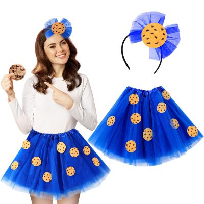 Silkfly 12 Pcs Halloween Blue Cookie Costume Accessories for Women Adult Monsters Costume Include Tulle Tutu Skirt Headband and Cookie Stickers for Cosplay