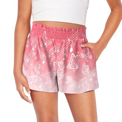 Coloranimal Pink Butterfly Musical Note Print Girls Shorts Athletic Shorts Casual Fitness Shorts Breathable Running Shorts High Waisted Sports Shorts for Hiking
