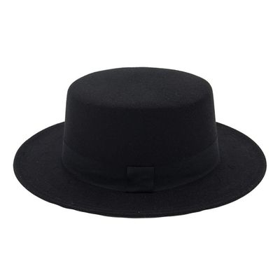 Women Classic Fedora Wide Brim Hat with Belt Buckle Wool Flat Top Bowler Hat Party Church Hats (Black, One Size)
