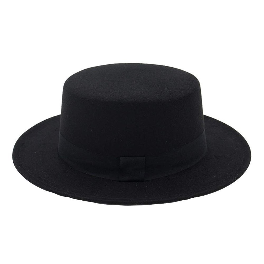Women Classic Fedora Wide Brim Hat with Belt Buckle Wool Flat Top Bowler Hat Party Church Hats (Black, One Size)