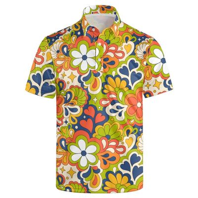 Collemet Mens Golf Shirt Short Sleeve Vintage 60s 70s Floral Casual and Comfortable Performance Clothes for Everyday Wear L