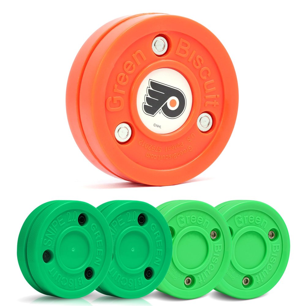 Green Biscuit 4-Pack Off Ice Hockey Pucks - 2 Original Passer and 2 Snipe New 2.0 Puck, Street Hockey Puck for Passing, Stickhandling and Shooting, Plus 1 NHL Puck-Official (Philadelphia Flyers)