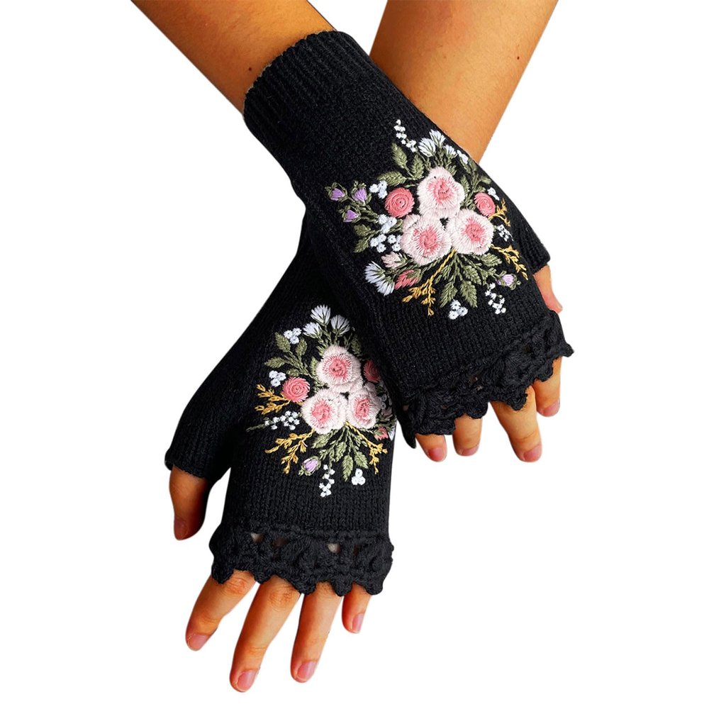 2024 Hand Embroidered Gloves Flower Embroidered Gloves Hand Embroidered Knitted Fingerless Winter (Black, One Size)