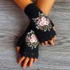 2024 Hand Embroidered Gloves Flower Embroidered Gloves Hand Embroidered Knitted Fingerless Winter (Black, One Size) view 2