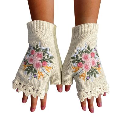2024 Hand Embroidered Gloves Flower Embroidered Gloves Hand Embroidered Knitted Fingerless Winter (A-White, One Size)
