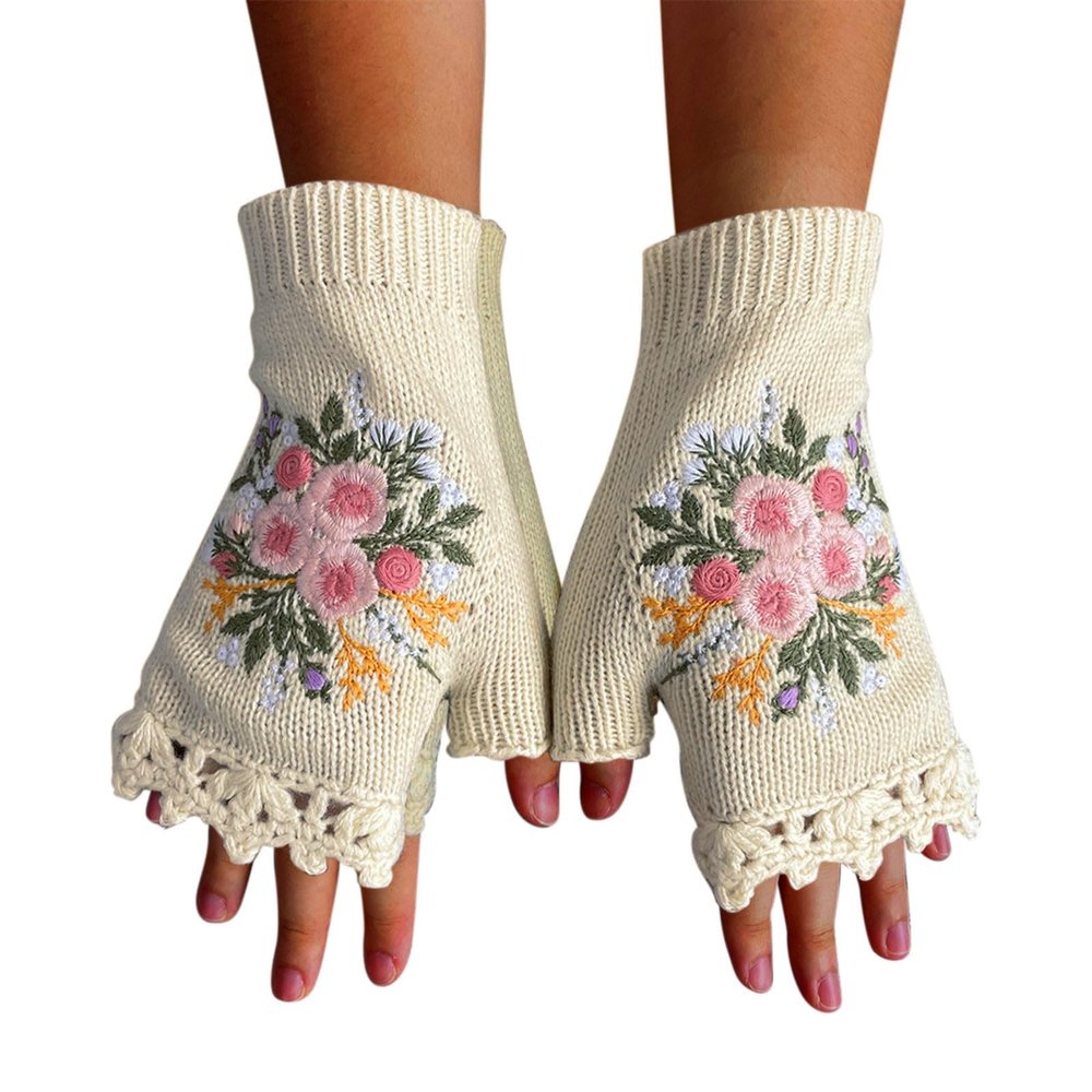 2024 Hand Embroidered Gloves Flower Embroidered Gloves Hand Embroidered Knitted Fingerless Winter (A-White, One Size)