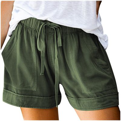 JiXiang Shorts for Women Trendy Summer Splice Comfy High Waist Loose Elastic Drawstring Casual Short Pants with Pockets Army Green