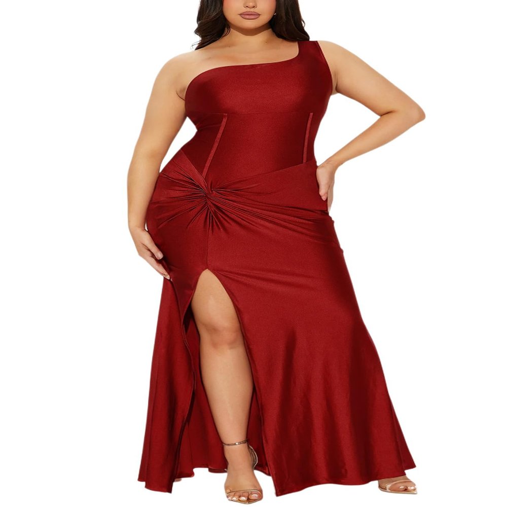 2026 Women's One Shoulder Tight Floor Length Side Split Dresses Elegant and Fashion Wedding Guest Party Dress