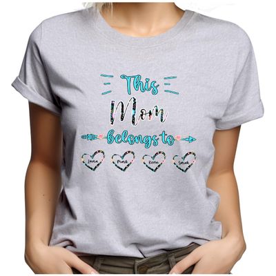 DNM19STORE PTW6312 Personalized Mom Heart T Shirts, This Mom Belongs to Shirt Flower, Funny Grandma Shirt with Grandkids Name Christmas Mothers Day, Small, Ptw6312_mom