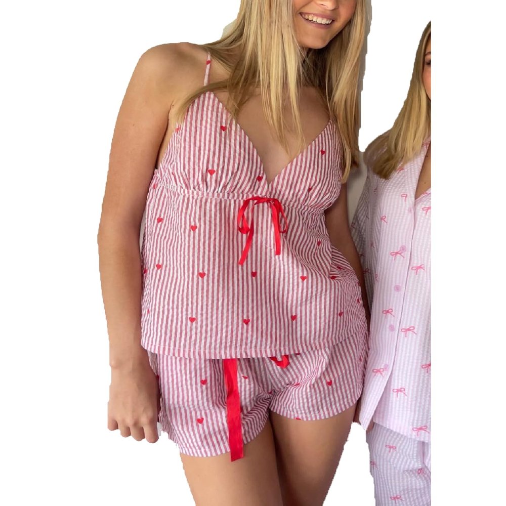 Argeousgor Women Y2k Striped Pajama Set 2 Piece Ruffle Peplum Cami Top and Boxer Shorts Set Matching Pj Set Lounge Set S Red