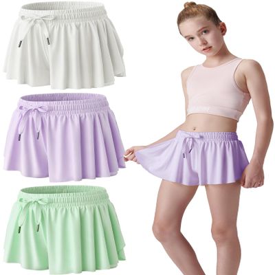 3 Pack Girls Flowy Shorts with Spandex Liner 2-in-1 Youth Butterfly Skirts for Fitness, Running, Sports (Set 15, Youth Large)