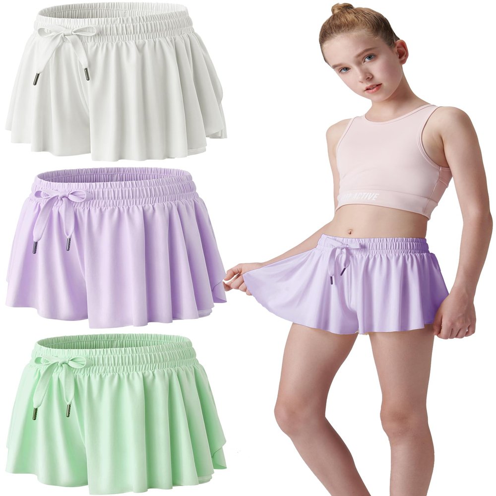 3 Pack Girls Flowy Shorts with Spandex Liner 2-in-1 Youth Butterfly Skirts for Fitness, Running, Sports (Set 15, Youth Large)