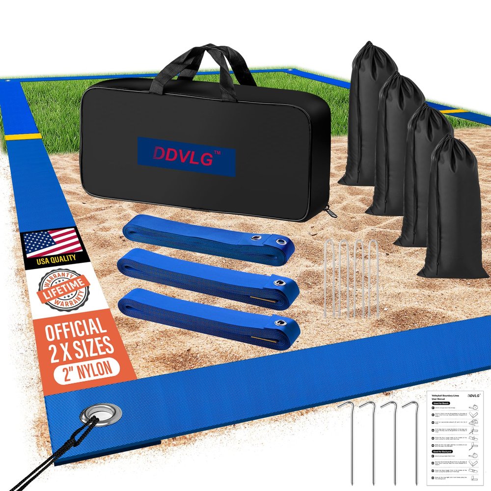 DDVLG Beach Volleyball Lines for Sand or Grass, 2inch Sand Volleyball Boundary Lines for Official Volley Ball Court 30'x60', Highly Visible, All-Weather, with Metal Anchors & Sand Bags - Blue
