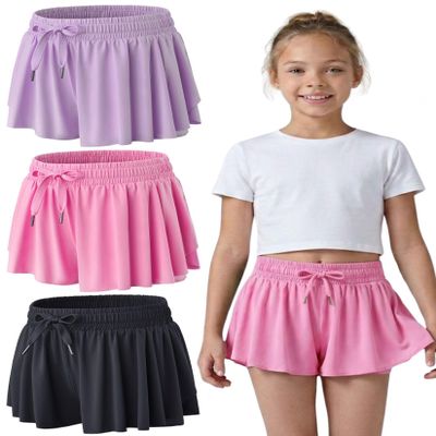 3 Pack Girls Flowy Shorts with Spandex Liner 2-in-1 Youth Butterfly Skirts for Fitness, Running, Sports (Set 16, Large)