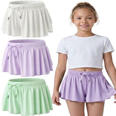 3 Pack Girls Flowy Shorts with Spandex Liner 2-in-1 Youth Butterfly Skirts for Fitness, Running, Sports (Set 15, Small)