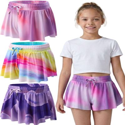 3 Pack Girls Flowy Shorts with Spandex Liner 2-in-1 Youth Butterfly Skirts for Fitness, Running, Sports (Set 14, Large)