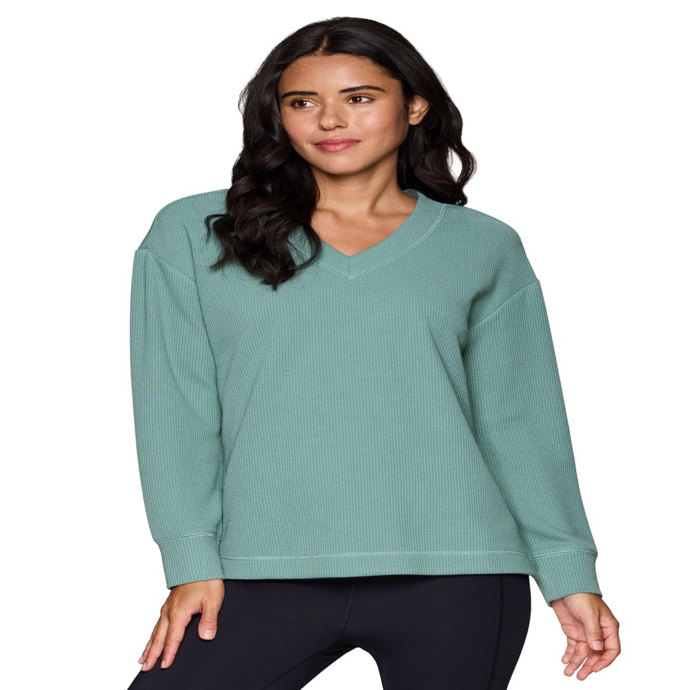 RBX Lightweight V-Neck Sweatshirt for Women Soft Ribbed Long Sleeve Top V-Neck Sweater Pullover for Casual Wear, Yoga Arctic XS
