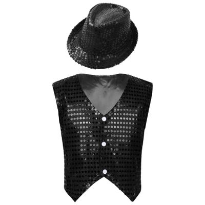 Jhaoyu Kids Boys Girls Sequins Jacket Shirt Vest Waistcoat Hip-hop Jazz Dance Performance Christmas Top with Hat Black A 3-4 Years