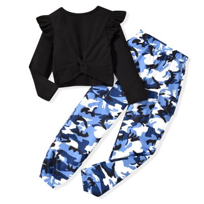 HIHA Size 11-12 Girls Camouflage Outfit Twist Front Crop Tops Camo Cargo Pants Set Fall Winter 2 Piece Clothes Blue Size 12