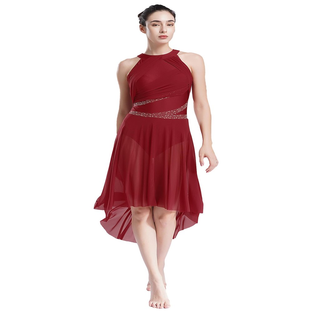 vastwit Women's Sleeveless Lyrical Ballet Leotard Dress Shiny Rhinestone Modern Contemporary Dance Costume Burgundy XX-Large