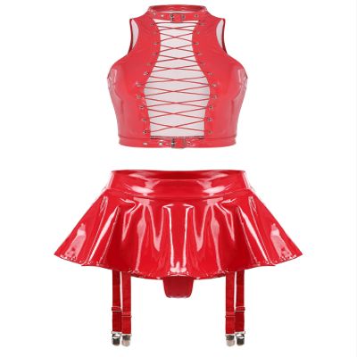 Freebily Women's 2Pcs Leather Outfits Sleeveless Crop Tops with A-line Thongs Skirts for Club Wear Red XX-Large