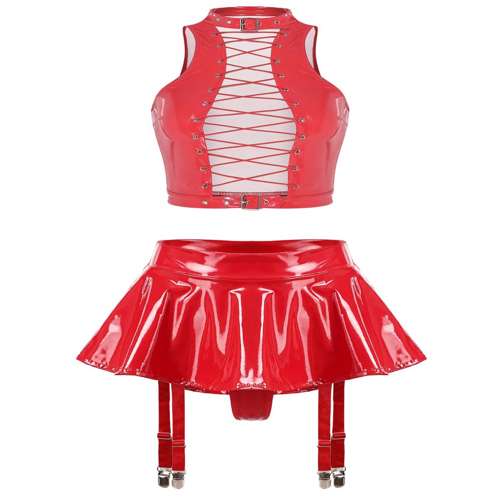 Freebily Women's 2Pcs Leather Outfits Sleeveless Crop Tops with A-line Thongs Skirts for Club Wear Red XX-Large