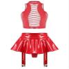 Freebily Women's 2Pcs Leather Outfits Sleeveless Crop Tops with A-line Thongs Skirts for Club Wear Red XX-Large view 1