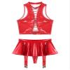 Freebily Women's 2Pcs Leather Outfits Sleeveless Crop Tops with A-line Thongs Skirts for Club Wear Red XX-Large view 3
