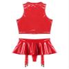 Freebily Women's 2Pcs Leather Outfits Sleeveless Crop Tops with A-line Thongs Skirts for Club Wear Red XX-Large view 4