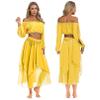 Agoky Women's 2Pcs Belly Dance Dress Set Off Shoulder Crop Top with Performance Dance Skirts Yellow One Size view 1