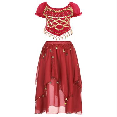 Agoky Women's 2Pcs Belly Dance Dress Set Short Puff Sleeve Crop Top with Performance Dance Skirts Red One Size