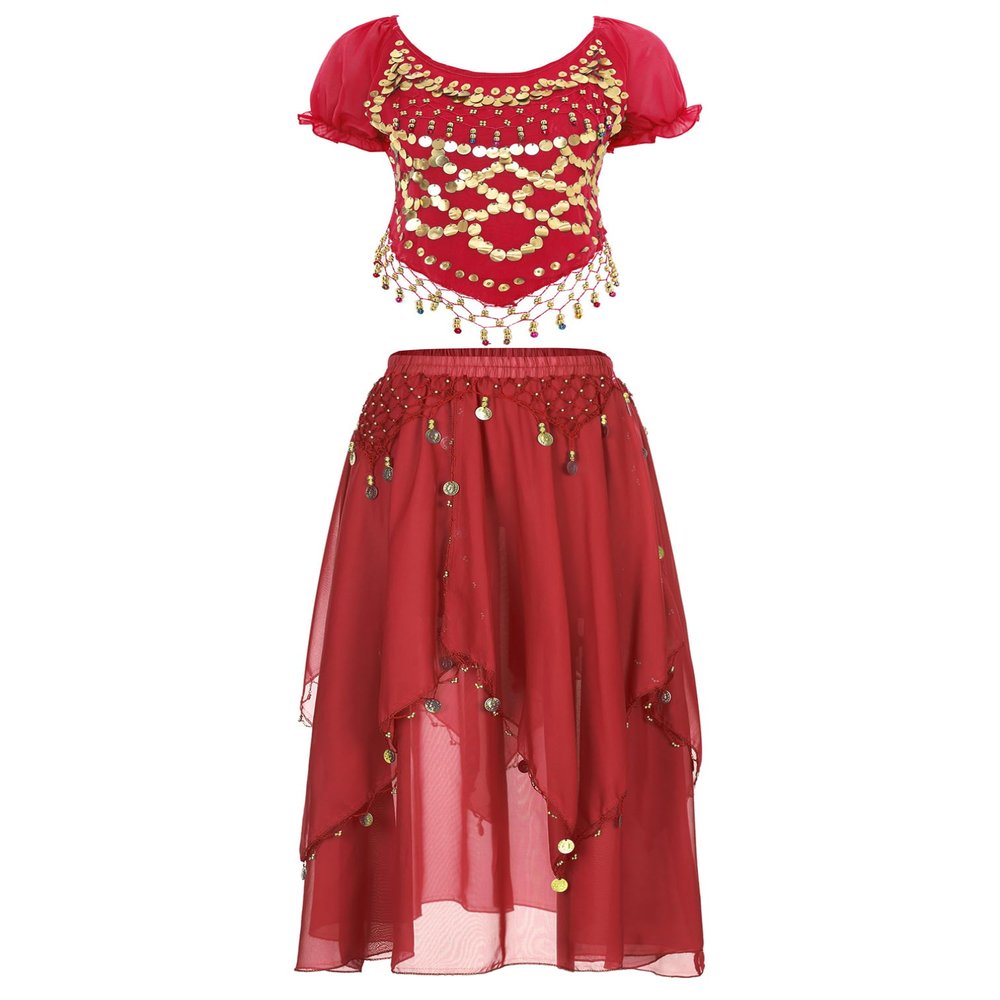 Agoky Women's 2Pcs Belly Dance Dress Set Short Puff Sleeve Crop Top with Performance Dance Skirts Red One Size