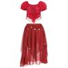 Agoky Women's 2Pcs Belly Dance Dress Set Short Puff Sleeve Crop Top with Performance Dance Skirts Red One Size view 2