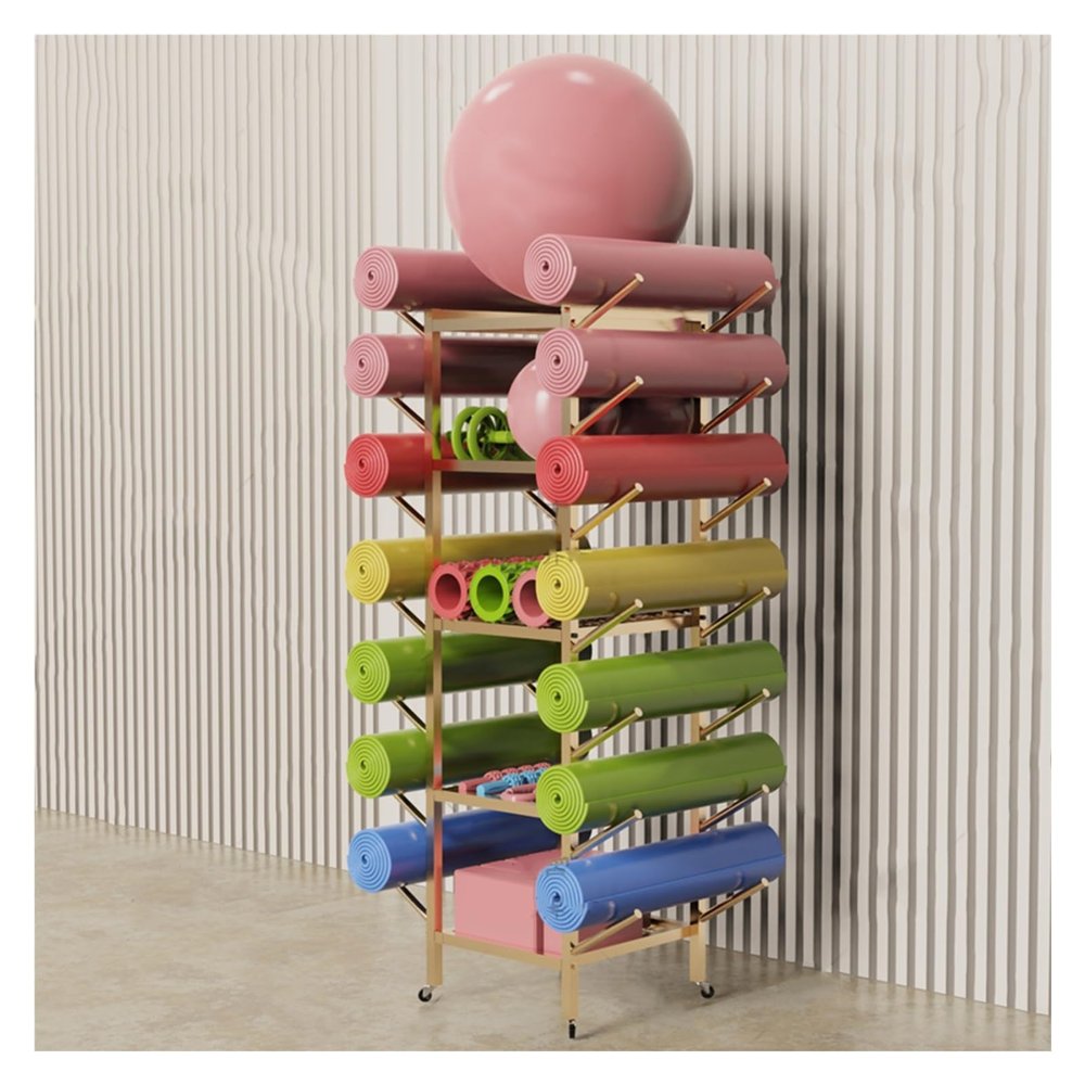 LZMZMQ Yoga Mat Storage and Organizer Rack, Free Standing Home Gym Garage Storage Holder for Dumbbells/Foam Roller/Yoga Blocks, Commercial Workout Equipment Storage Rolling Cart, 5 Tier(Gold)